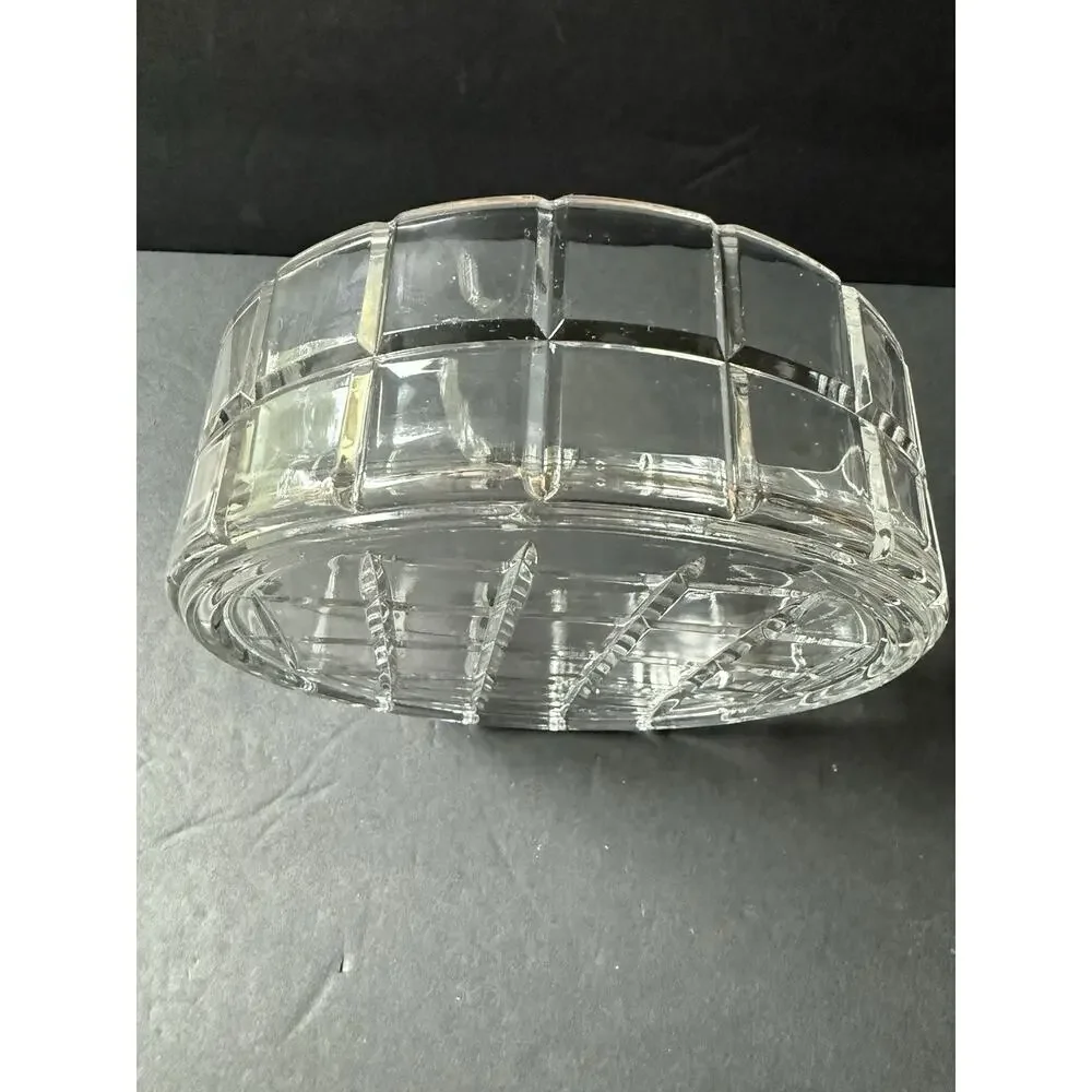 Vintage Cut Crystal Glass Tartan Pattern Bowl Clear Round Modernist Trinket Dish